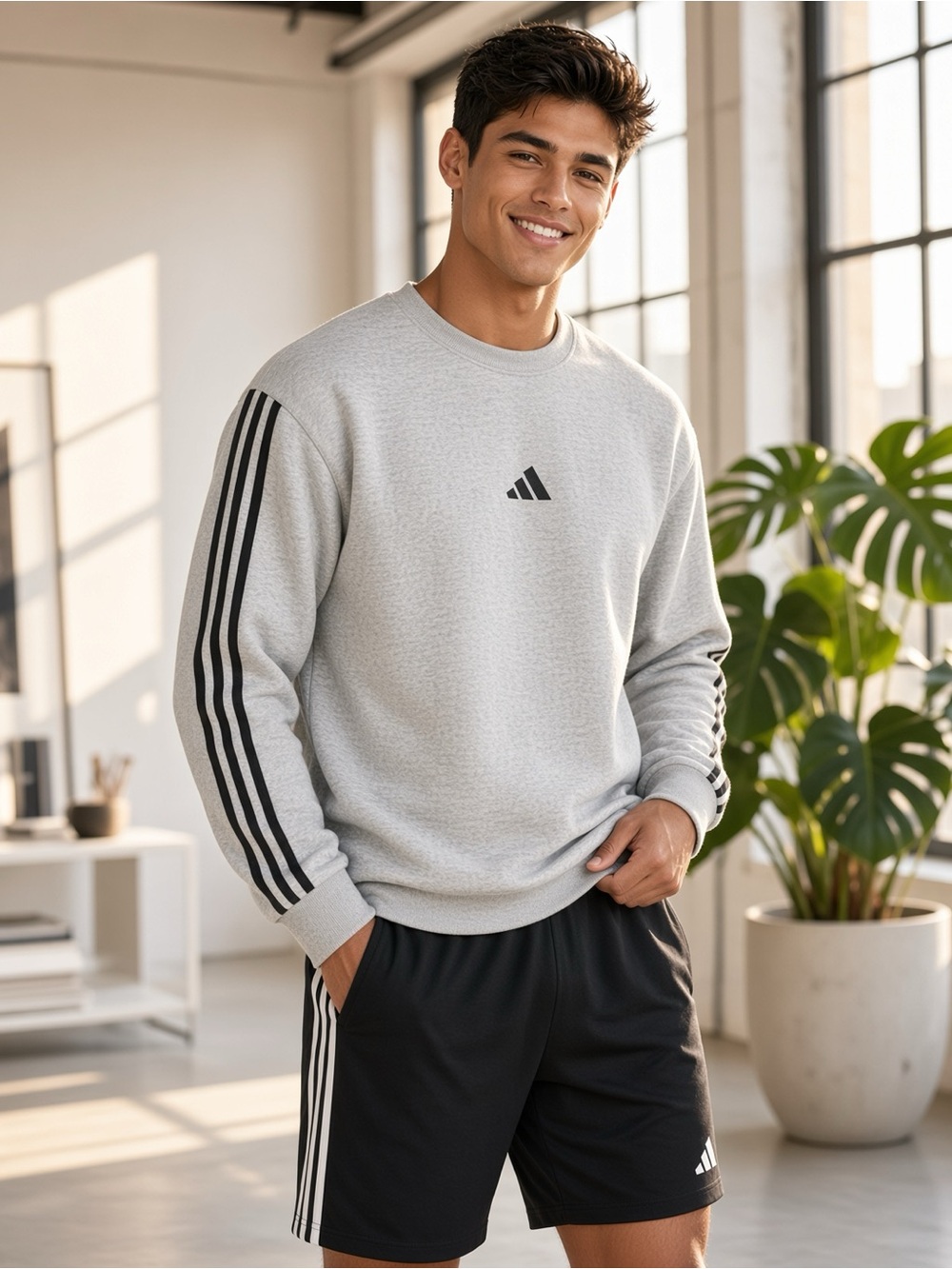Adidas Essentials Fleece 3-Stripes Sweatshirt Grey Heather Men’s LARGE 🖤NWT✨